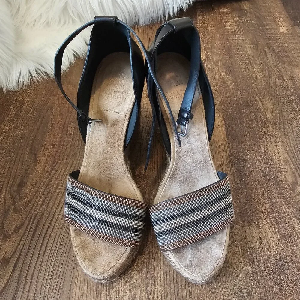 Brunello Cucinelli Monili Ankle Strap Leather Wedge Espadrille Sandals, 39IT/US9